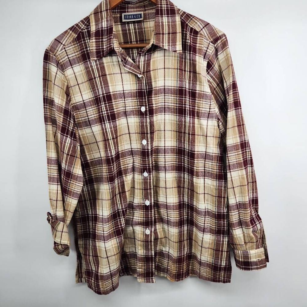 Fall Plaid Button Down Casual Shirt Vintage 90's Erika & Co Cream / Burgandy Pla